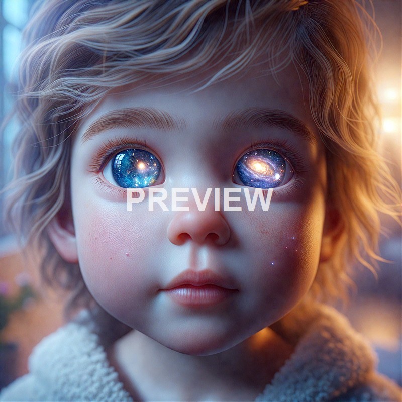 A close-up of a young child's face with large, expressive eyes reflecting galaxies and stars, and curly hair illuminated by warm and cool lighting.